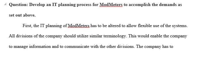 Develop an IT planning process for ModMeters to accomplish the demands as set out above.