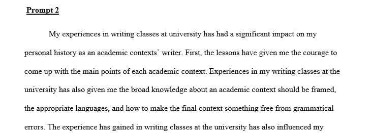 How have your experiences in your writing classes at university influenced your personal history as a writer in academic contexts